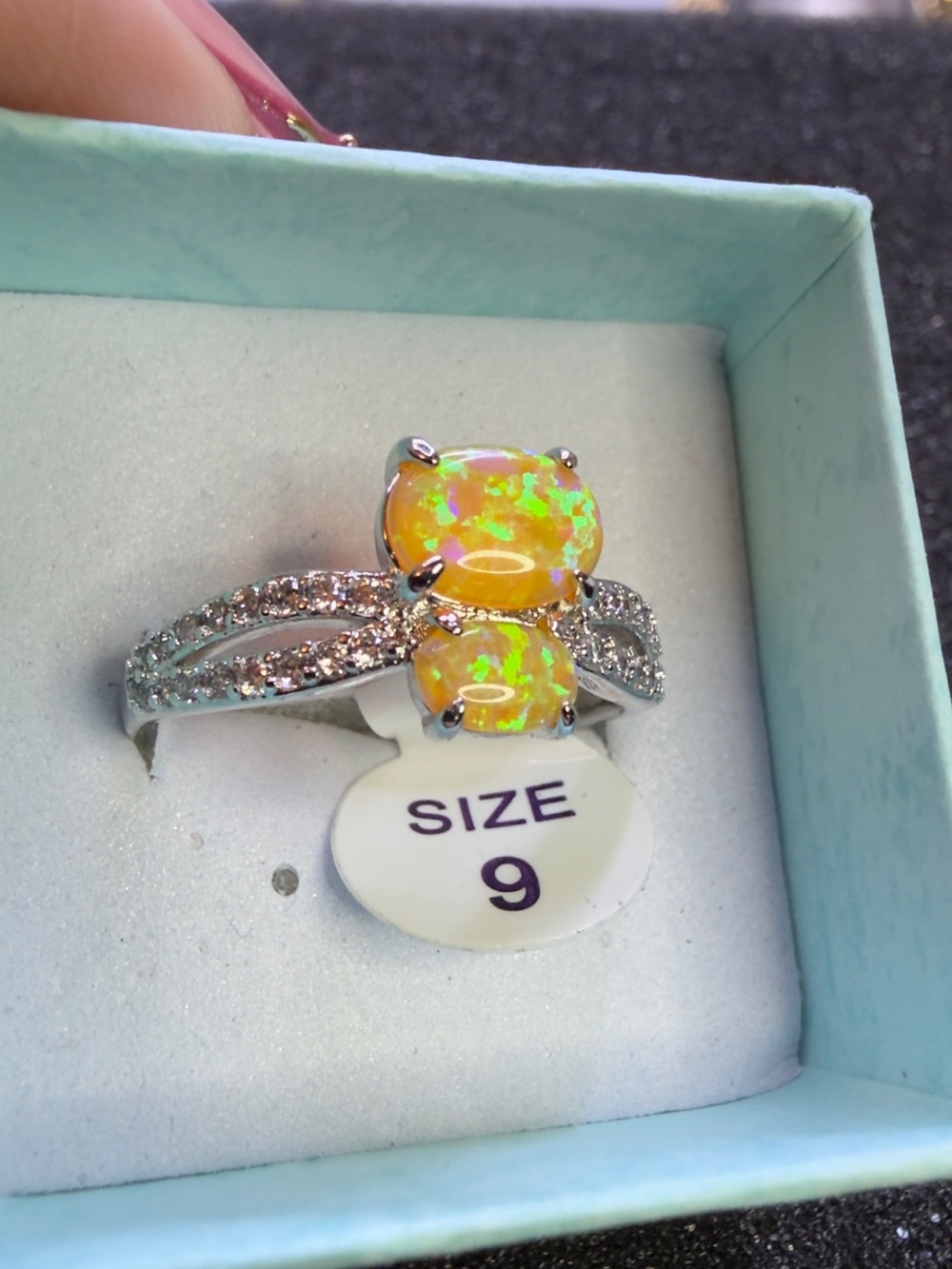 Double Yellow Fire Opal Ring with Pavé Accents - Rhodium Plated 💎